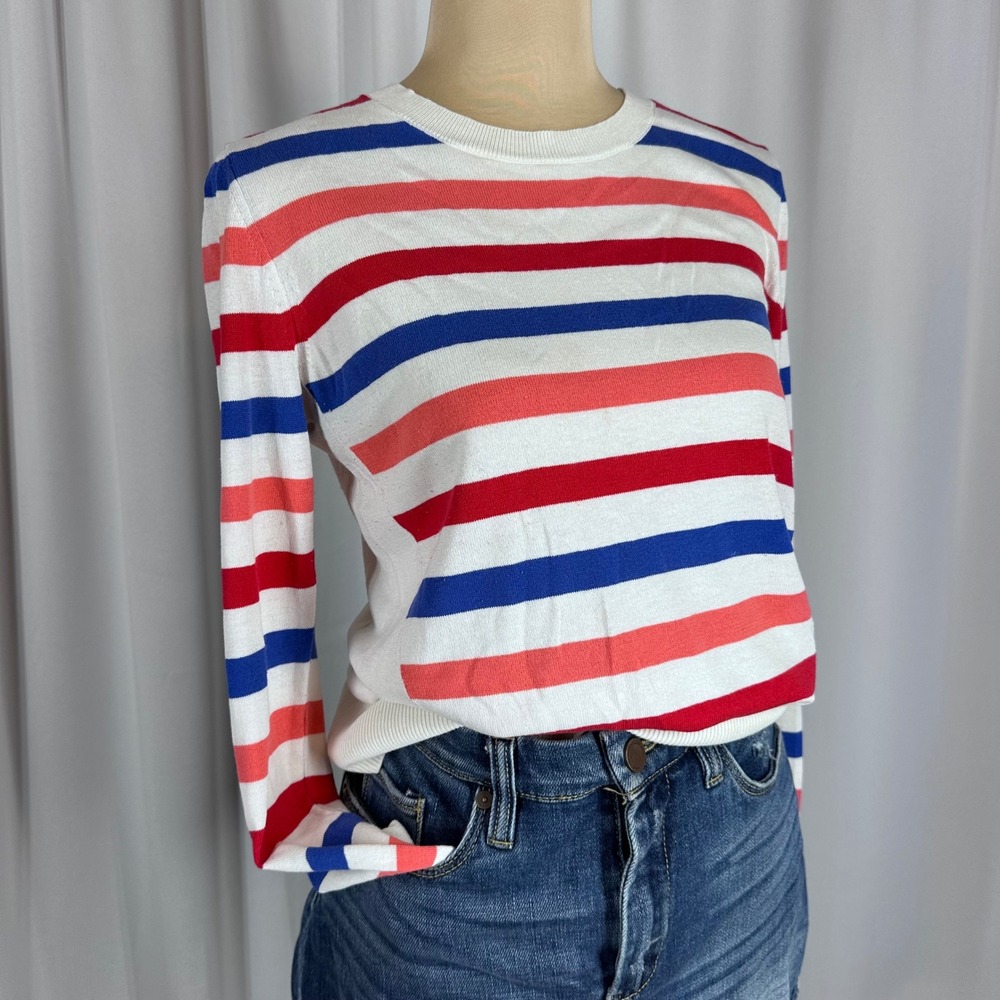Banana Republic Silk Cotton Striped Sweater Womens XS Red White Blue Lightweight